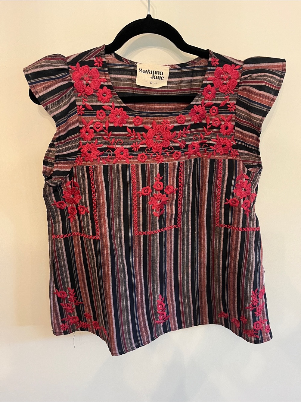 Savanna Jane Black and Pink Striped Embroidered Cap-Sleeve Top
